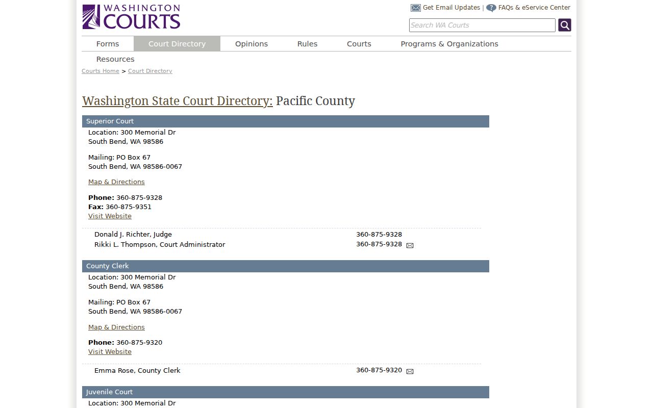 Washington Courts directory showing Pacific County court docket offices