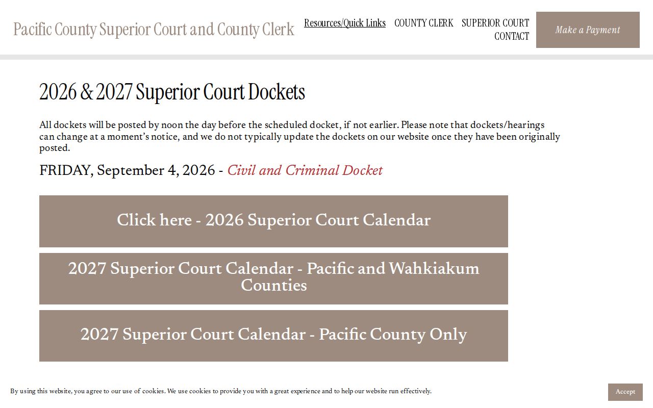 Pacific County court dates and next-day docket page